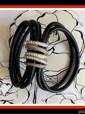 BRIGHTON BRACELET NEPTUNE’S RINGS SILVER / BLACK LEATHER CRYSTAL MAGNETIC WRAP